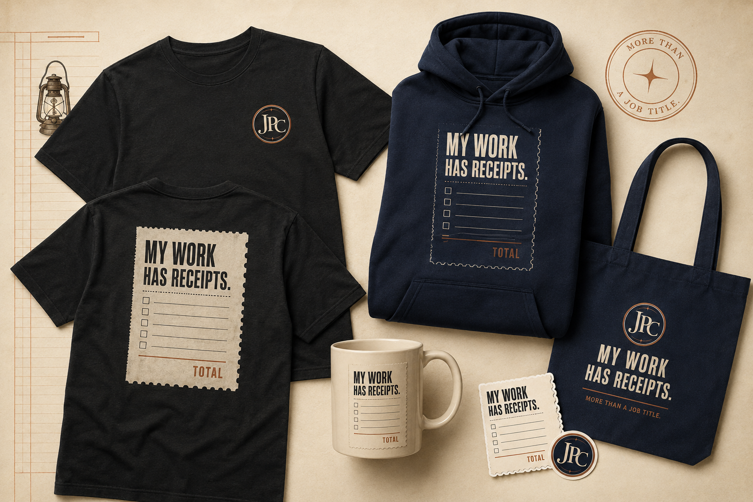 My Work Has Receipts collection board showing approved apparel, sticker, mug, and notebook concepts.