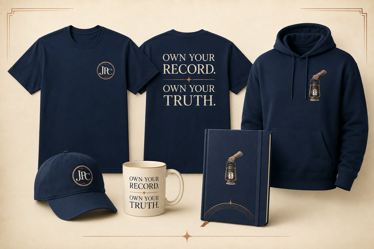 Own Your Record collection board showing approved apparel, cap, notebook, drinkware, and desk-good concepts in navy, ivory, and copper.