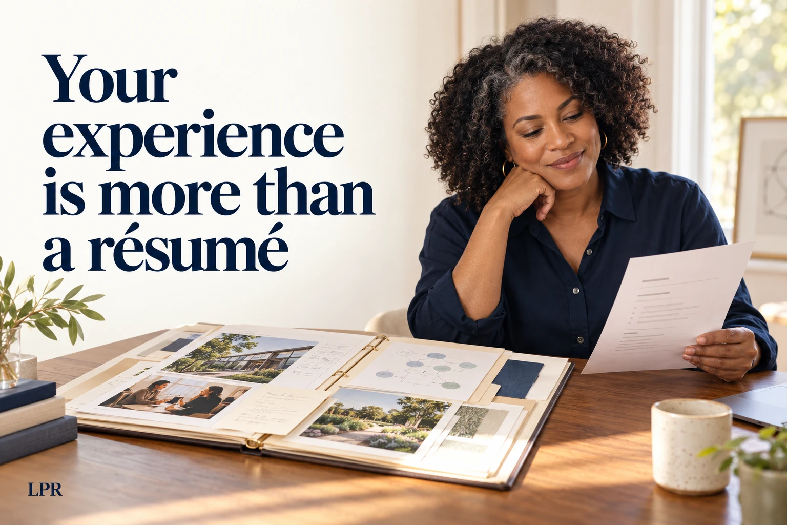 A woman with curly, gray-streaked hair smiles as she reads a sheet of paper at a wooden table, with an open binder of photos, diagrams and notes spread in front of her. Overlaid text reads: Your experience is more than a résumé.