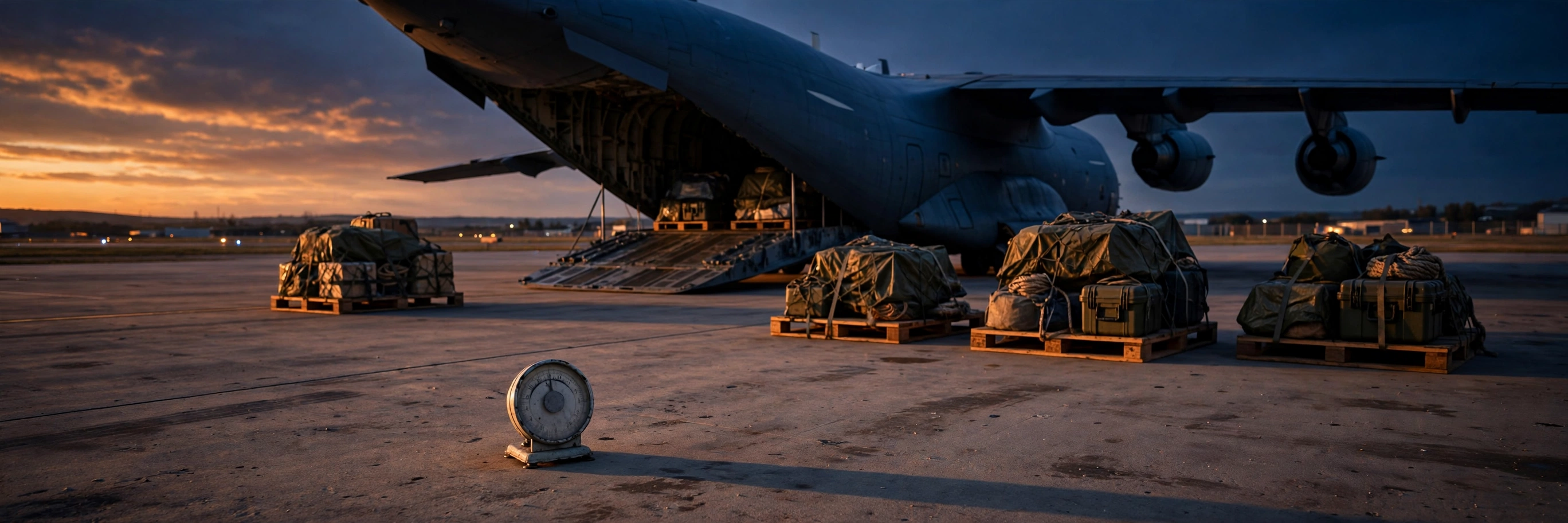 A military cargo aircraft at dusk on an airfield, its rear ramp lowered, with strapped pallets of olive-green gear and equipment cases in front of it and a small round weighing scale on the tarmac in the foreground.