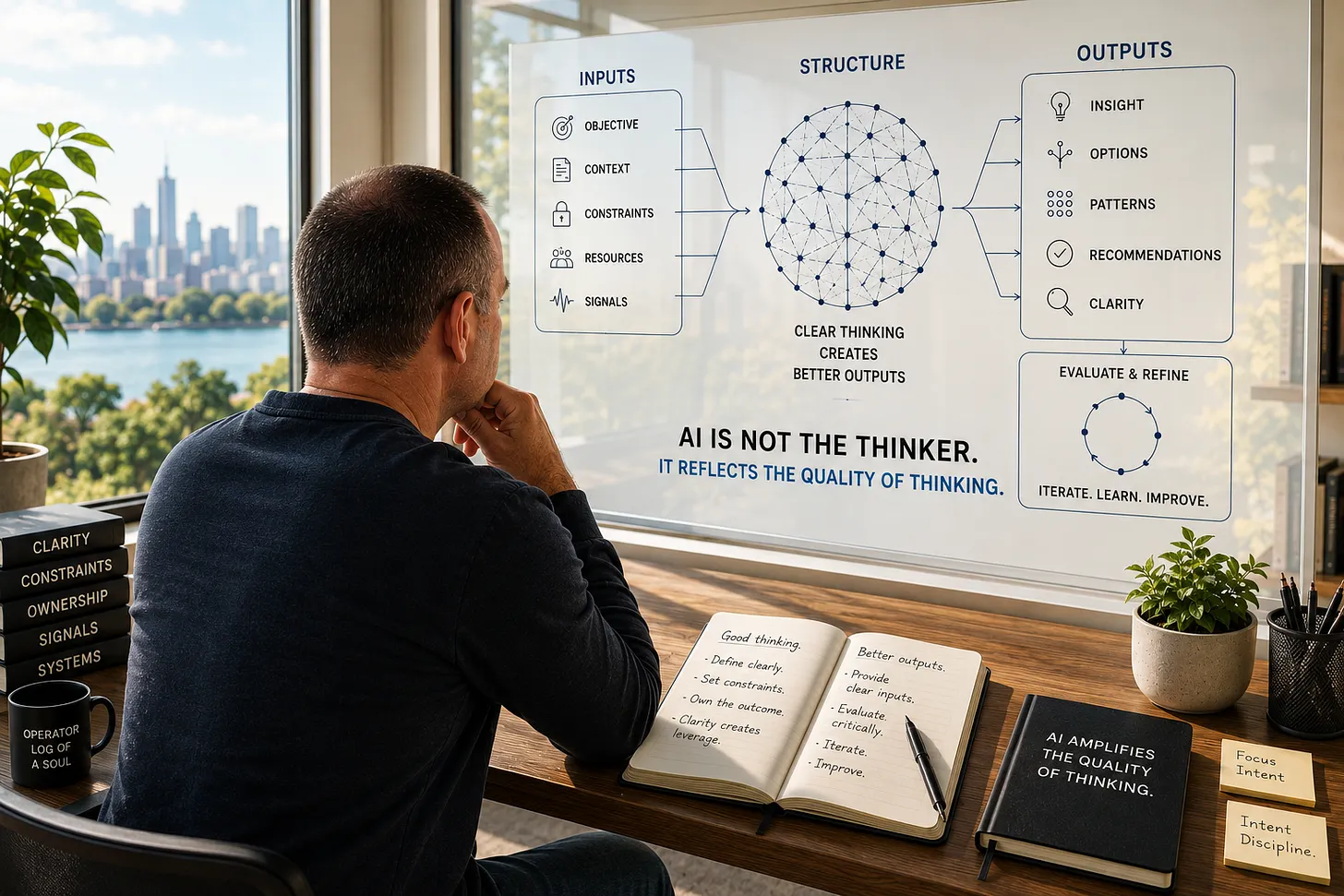 A person seated at a desk studying a visual framework showing inputs, structure, and outputs, illustrating the idea that AI reflects the quality of human thinking rather than replacing it.